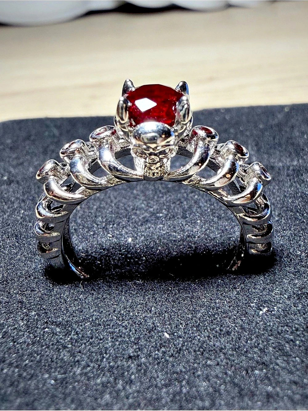 925 Sterling Silver Skull & Red Gemstone Ring